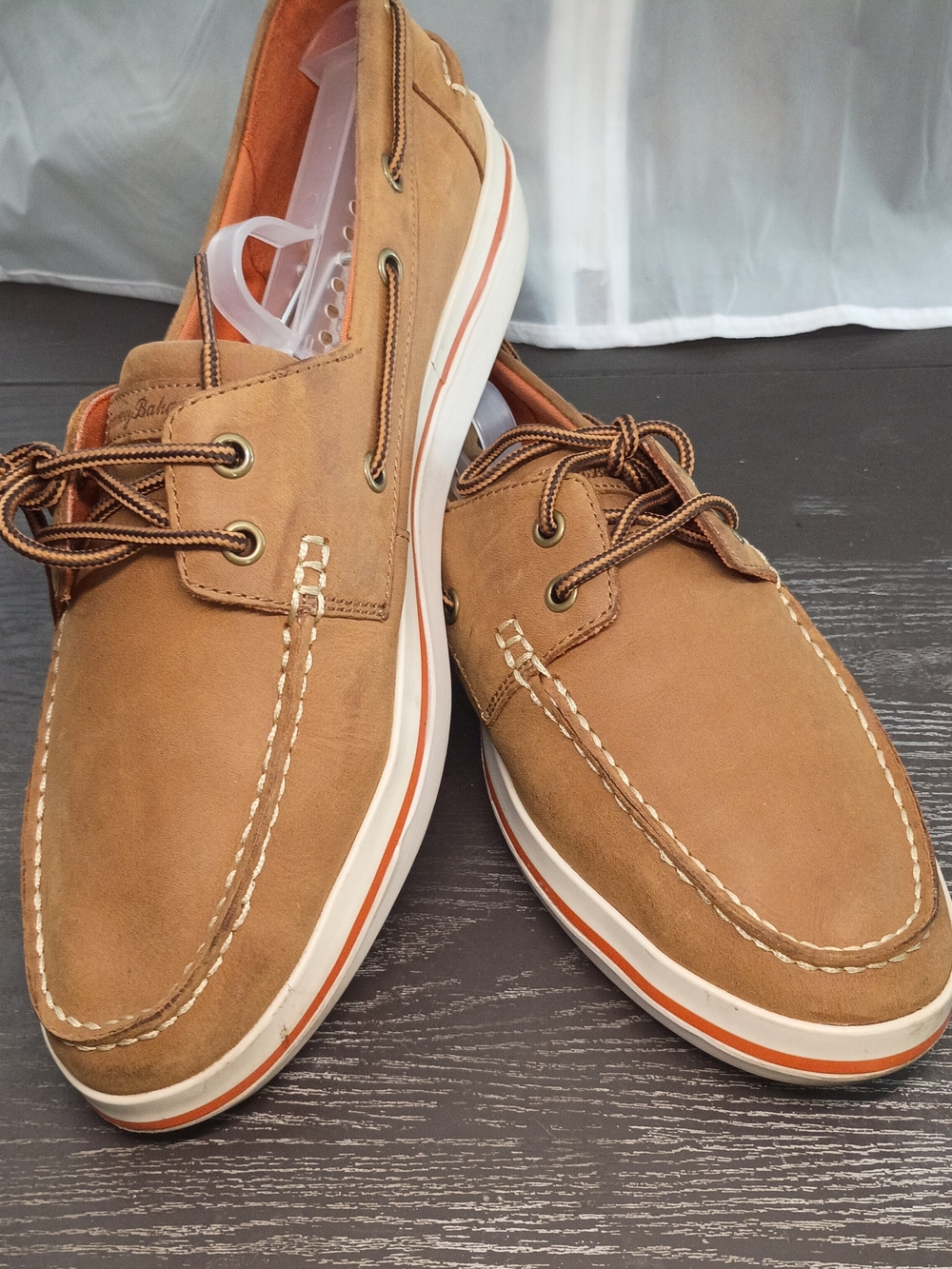 Tommy Bahama Men's 10M Tan Leather Boat Shoes with Orange-Trim Sole!!